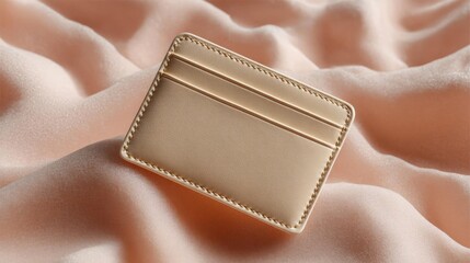 Close-up of a gold-colored wallet lying on a soft, silky fabric. the wallet appears to be made of leather and has a rectangular shape with a flap on top.
