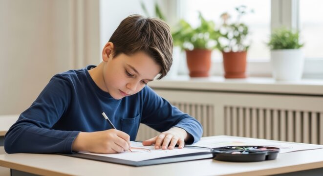 Caucasian boy drawing at classroom desk with art supplies - Powered by Adobe