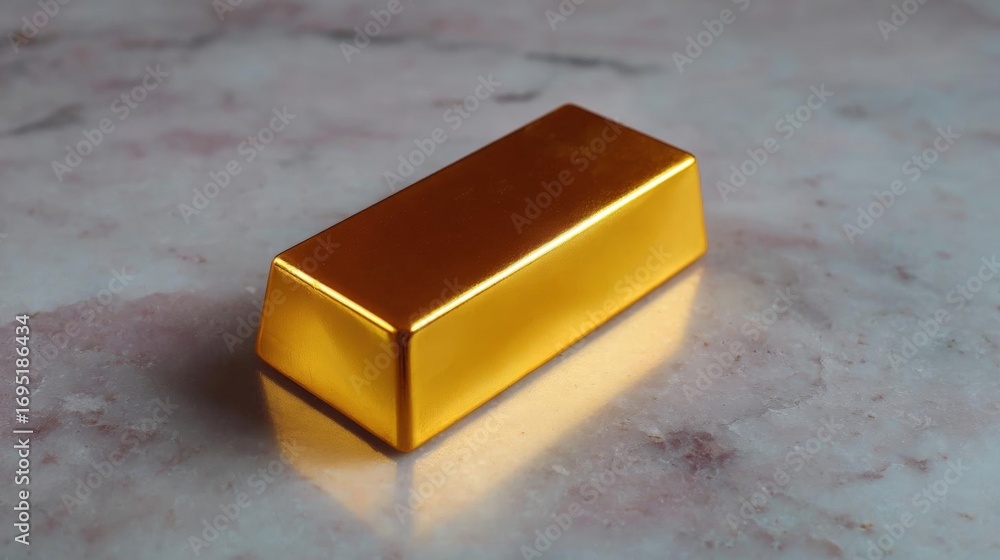 Poster close-up of a gold bar on a marble surface. the bar is rectangular in shape and appears to be made o