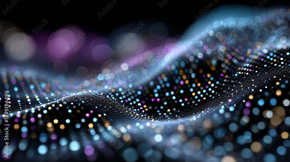Fototapete vibrant particle stream gliding over undulating digital surface, generating dynamic abstract backgro