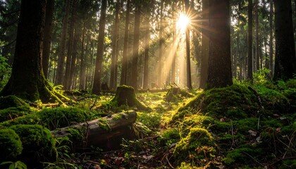 Obraz premium Sunbeams piercing a mossy forest floor