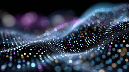 Vibrant particle stream gliding over undulating digital surface, generating dynamic abstract background with luminous bokeh, expressing fluid technological movement and visual energy