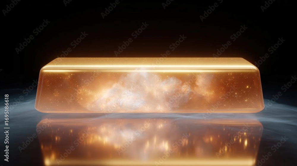 Poster 3d rendering of a rectangular object with a golden hue. the object appears to be floating on a black