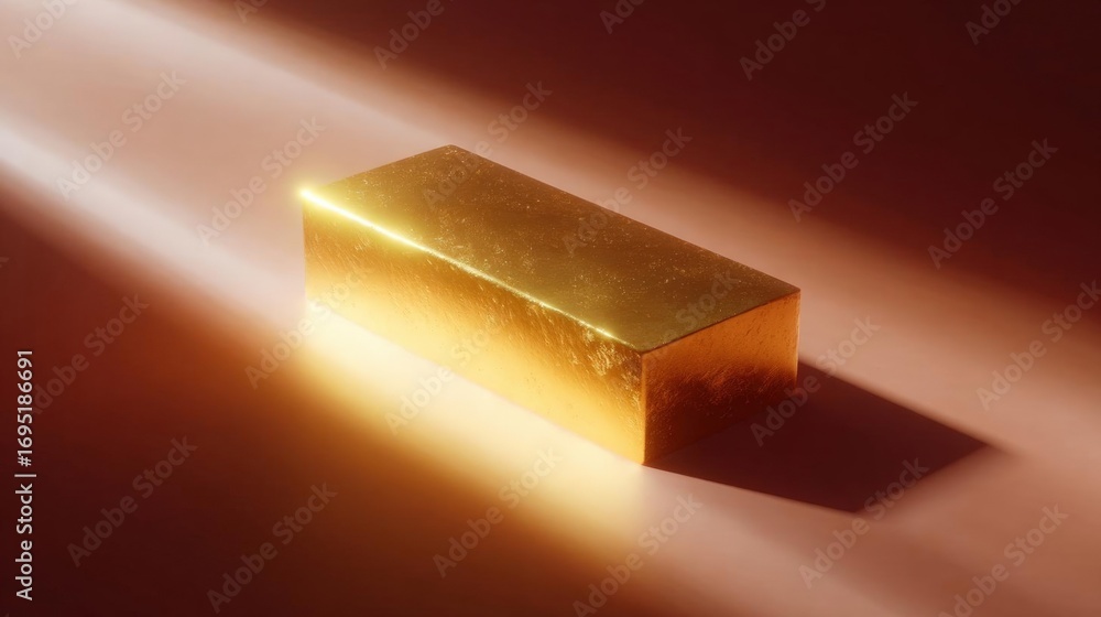 Poster 3d rendering of a gold bar. the bar is rectangular in shape and appears to be made of a shiny, metal