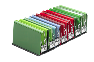 Organized folders in a row, various colors, on a stand
