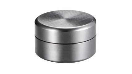Metal container studio shot, brushed texture, minimalist background, packaging mockup