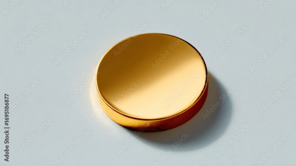 Poster close-up of a round, golden-colored object on a white surface. the object appears to be made of meta