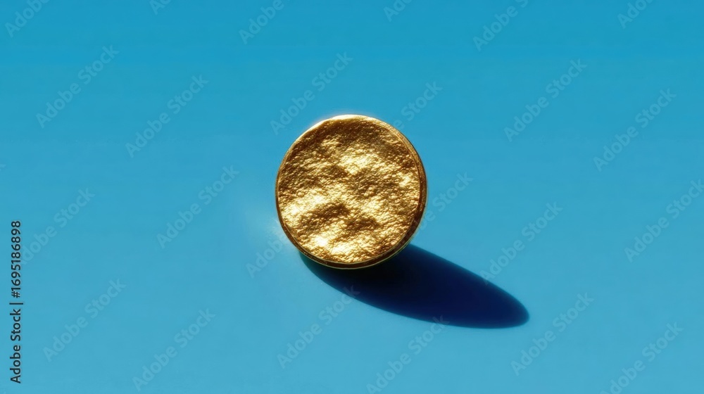 Poster close-up of a round, golden object on a blue background. the object appears to be made of a shiny, m
