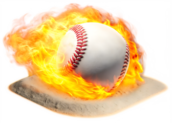 Baseball engulfed in bright orange fire and smoke isolated on a transparent background