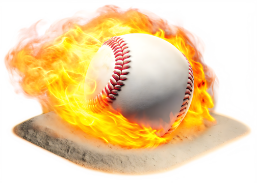 Baseball engulfed in bright orange fire and smoke isolated on a transparent background