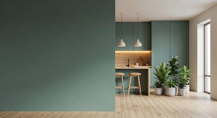 Modern minimalist kitchen design with green cabinets, wood accents, and plants creating a calming atmosphere