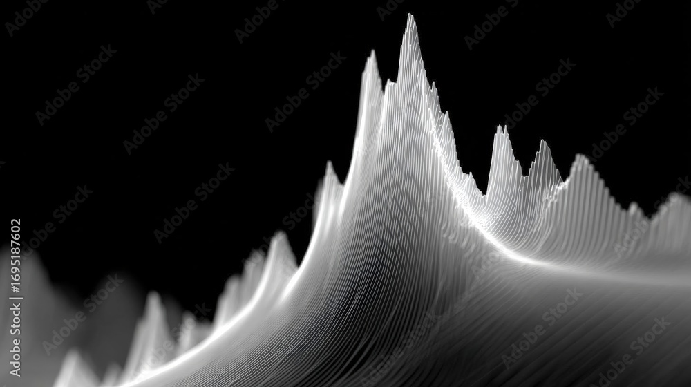 Poster black and white abstract digital art piece that appears to be a wave-like pattern. the wave is made 