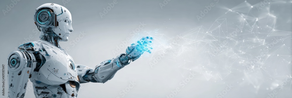 Poster futuristic robot reaching out with glowing hand, creating digital connections in a modern setting