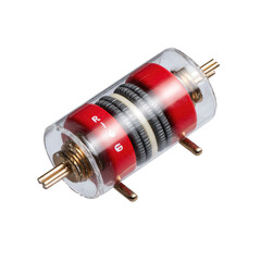 Cylindrical electronic component. Transparent tube houses multiple red and grey components. Metal terminals