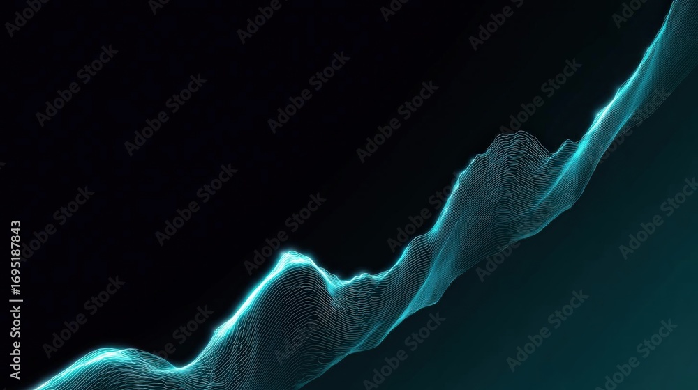 Poster abstract digital art piece with a dark blue background. it features a wave-like shape that appears t