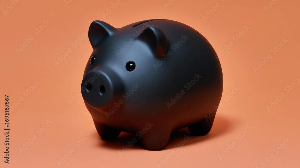 Poster 3d rendering of a black piggy bank on an orange background. the pig is standing upright with its bod