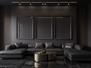 Dark moody living room interior with black leather sofa triple framed art and marble floor
