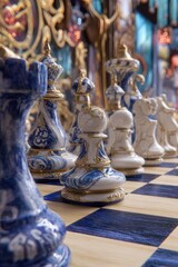 Fototapeta premium Detailed close-up view of intricately designed chess pieces, showcasing a captivating blue and white pattern with gold accents, arranged on a dark blue and light wood chessboard.