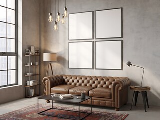 Industrial loft living room with leather Chesterfield sofa blank framed art and exposed light bulbs