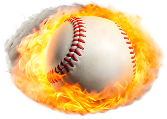 Baseball engulfed in vibrant orange and yellow flames isolated on a transparent background