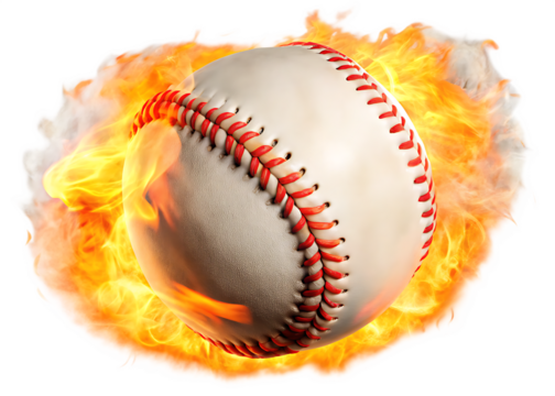 Baseball engulfed in bright orange fire flames isolated on a transparent background