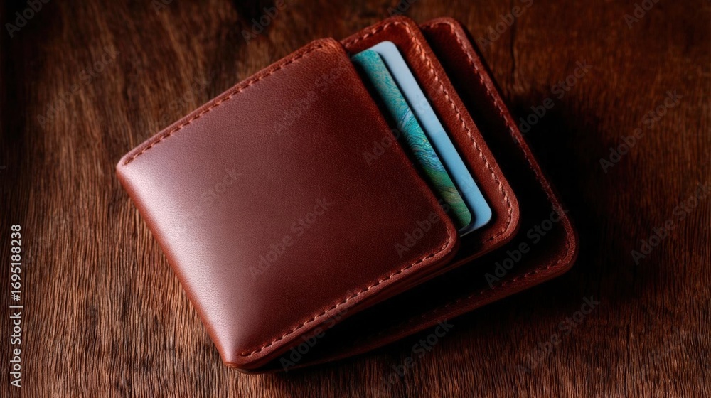 Poster brown leather wallet lying on a wooden surface. the wallet appears to be made of high-quality leathe