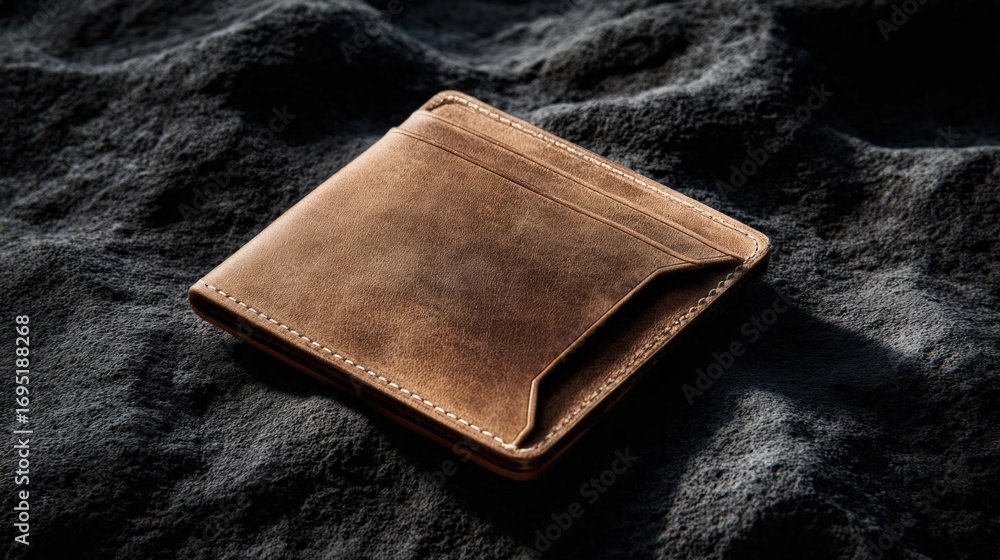 Poster Brown leather wallet lying on a dark grey textured surface. the wallet appears to be made of a soft, supple leather and has a rectangular shape with a flap on top.