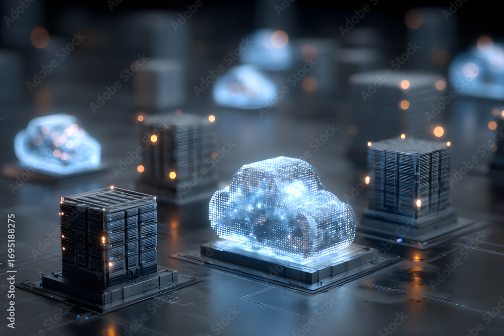 Aufkleber cloud storage server futuristic technology cyber-word 3d ai illustration: dataenter with global netw