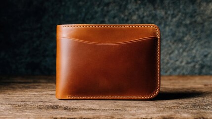 Close-up of a brown leather wallet on a wooden surface. the wallet appears to be made of high-quality leather and has a smooth texture.