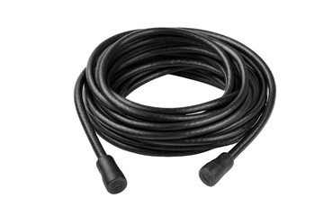 Coiled black jump rope on black background, fitness