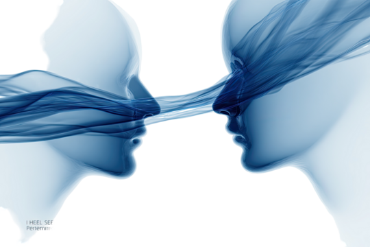 Two ethereal faces, close, sharing a blue wispy connection