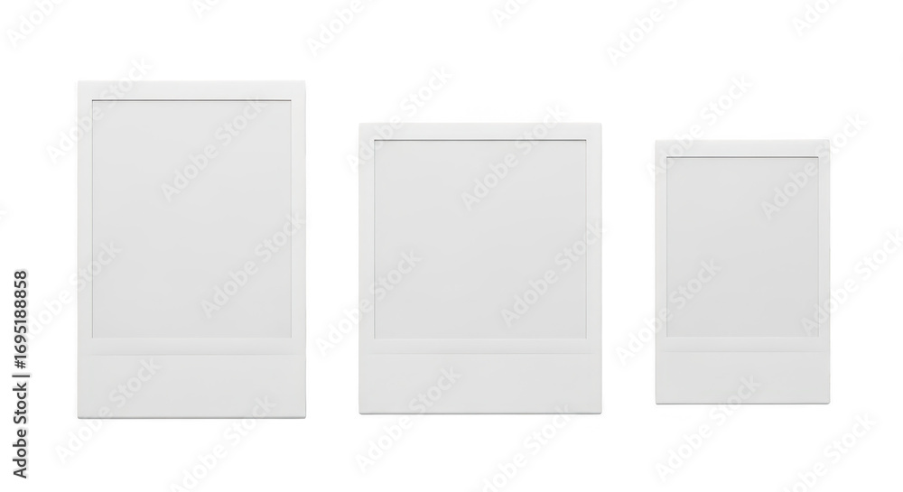 Poster three blank white polaroid photo frames of different sizes isolated on transparent background