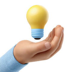 3d cartoon hand holding a glowing light bulb representing ideas and innovation illustration