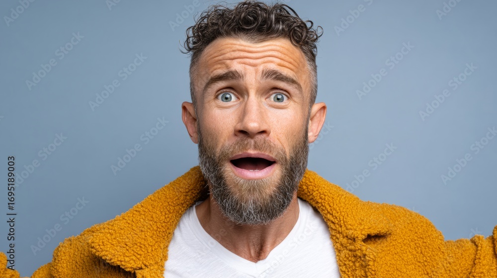 Poster man with a beard and a yellow jacket is looking surprised. the man's facial expression and the color