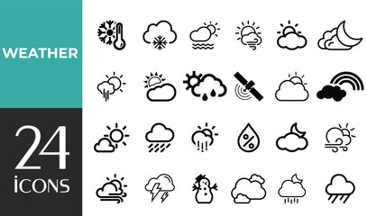 Weather set of web icons in line style. Forecast weather icons for web and mobile app. Forecast, clouds, sunny day, wind, snowflakes, sun, rain, thunderstorm, dew, moon. Vector illustration