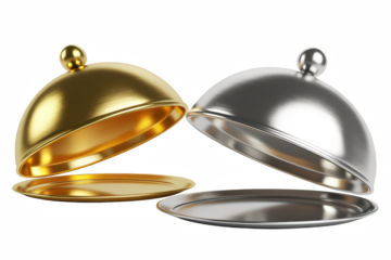 3d icon of open golden and silver food cloches on transparent background