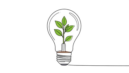 A minimalist illustration of a lightbulb containing a small plant, highlighting the concept of sustainable energy.