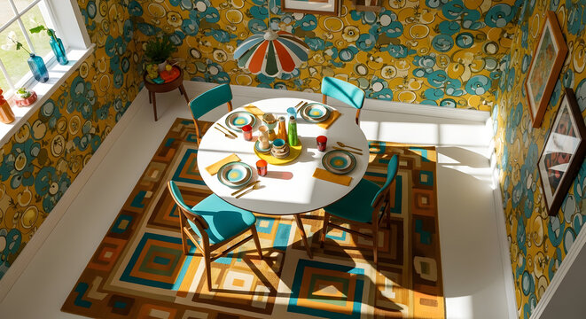 Retro Dining Room with Colorful Decor and Stylish Design, Ready for a Meal