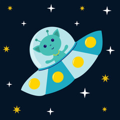 Alien in a flying saucer, spaceship, UFO, against the background of the starry sky,