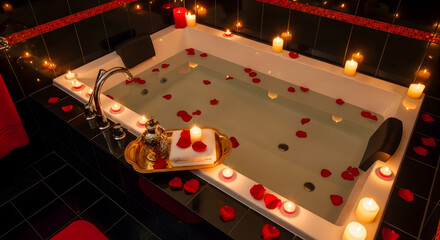 Romantic Ambiance of Candles and Rose Petals in a Luxury Jacuzzi, Nighttime