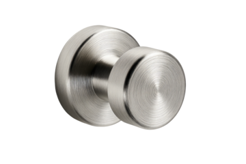 Brushed stainless steel wall-mounted knob.  A brushed stainless steel knob, circular in design, with a slightly recessed center and raised outer rings.  A simple, modern hardware