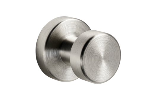 Brushed stainless steel wall-mounted knob.  A brushed stainless steel knob, circular in design, with a slightly recessed center and raised outer rings.  A simple, modern hardware
