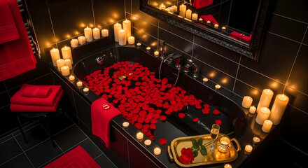 Romantic Bathroom Scene: Candles, Roses and Elegance, For Intimate Relaxation and Calmness.