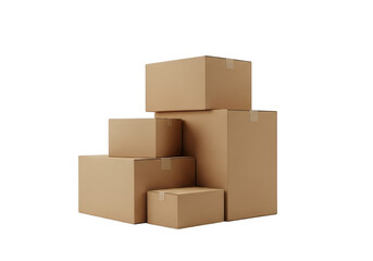 A stack of cardboard boxes of various sizes, isolated on a transparent background, representing shipping and storage