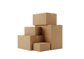 A stack of cardboard boxes of various sizes, isolated on a transparent background, representing shipping and storage