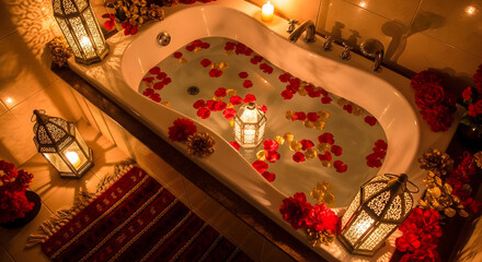 Romantic bathroom scene with bathtub filled with rose petals and candles for a relaxing evening