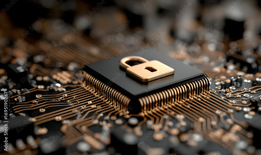 Aufkleber cyber security, abstract computer chip, technology bckground with a padlock, iternet security and da