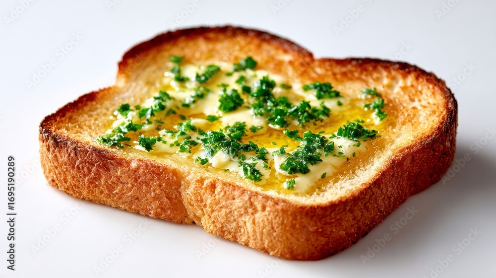 Poster slice of toast with butter and parsley on top. the bread is slightly burnt, giving it a crispy textu