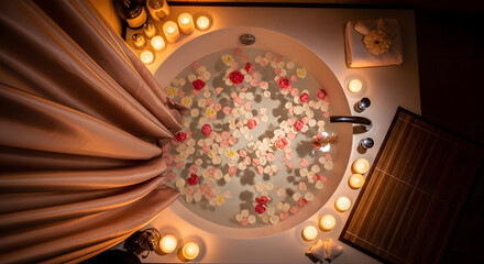 Romantic bathtub scene with flowers, water, candles and curtain creating a spa atmosphere