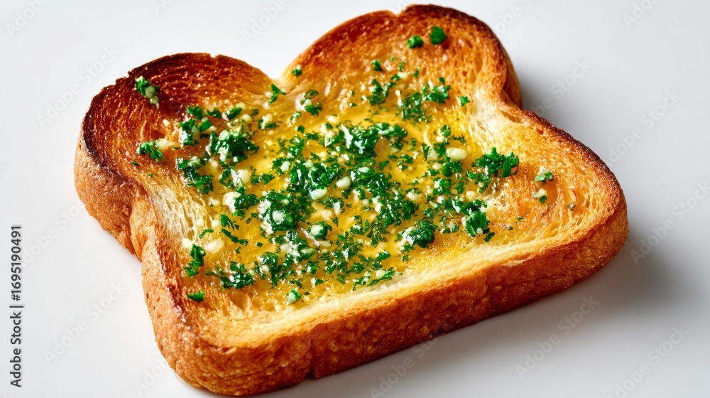 Poster piece of toast with parsley and butter on it. the butter is spread on the bread and the parsley is s